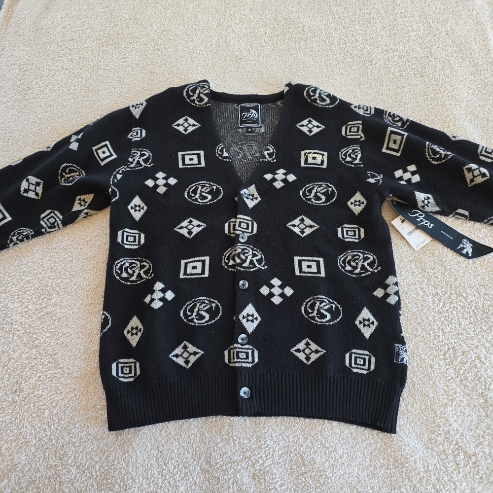 Prps Men's Intarsia Icons Cardigan Sweater Monogram Black White Jacquard‎ Knit S